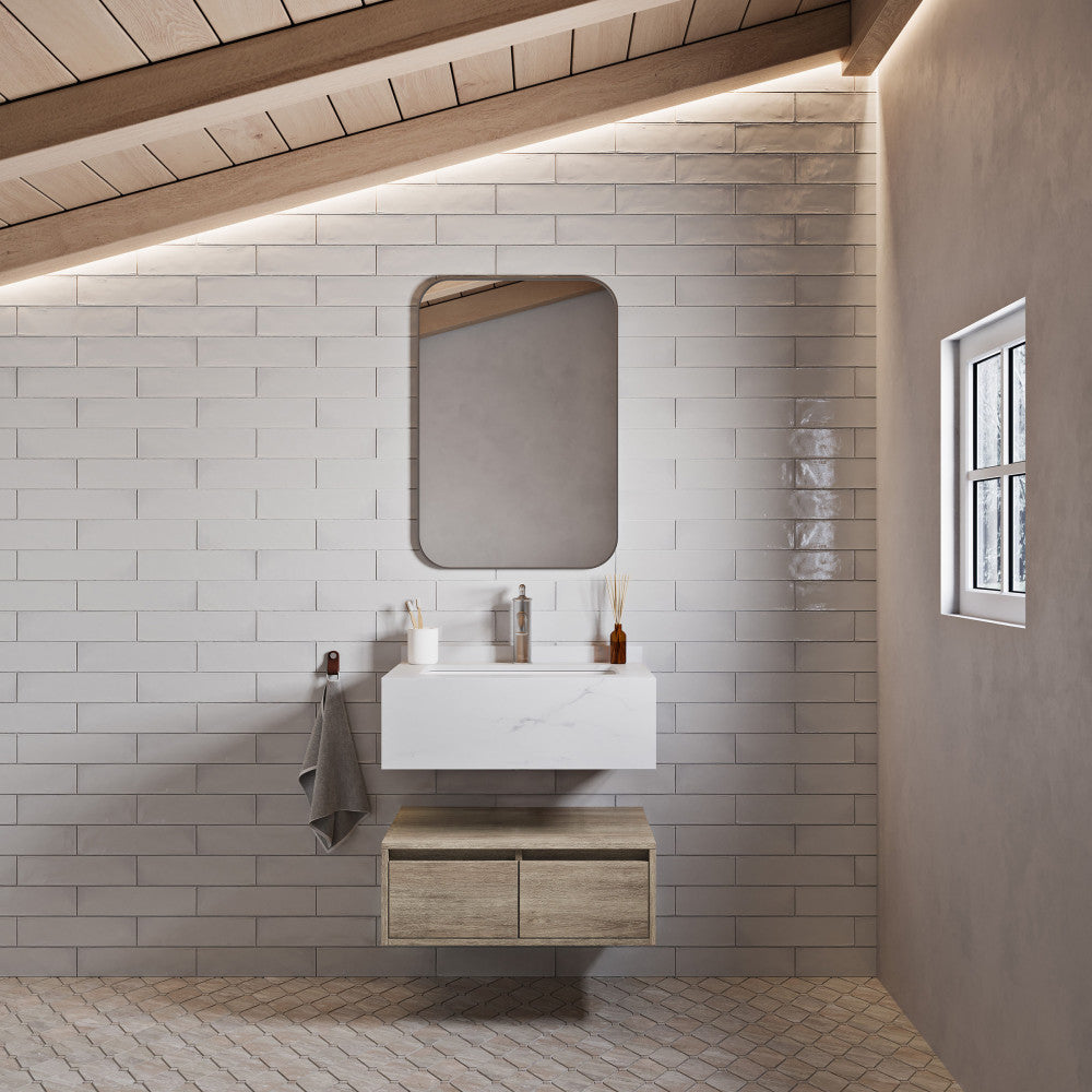 24-inch wall-mounted bathroom vanity in weathered oak with single white sink and drawer storage.