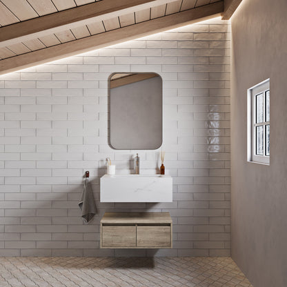 24-inch wall-mounted bathroom vanity in weathered oak with single white sink and drawer storage.