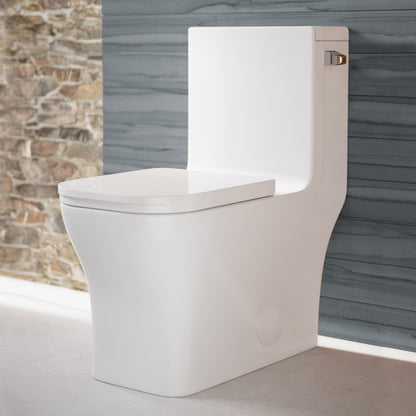 Elongated one-piece toilet with right side flush handle, compact design, white finish.