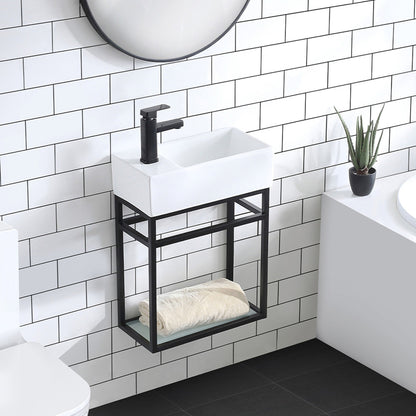 19.5-inch wall-mount bathroom vanity with metal frame and open shelf, single sink design.