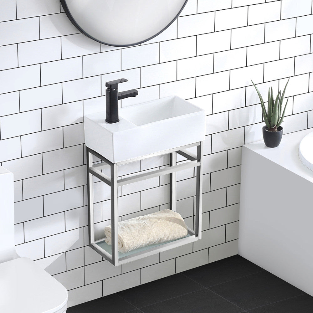 19.5-inch wall-mounted bathroom vanity with chrome metal frame and open shelf under white rectangular sink.