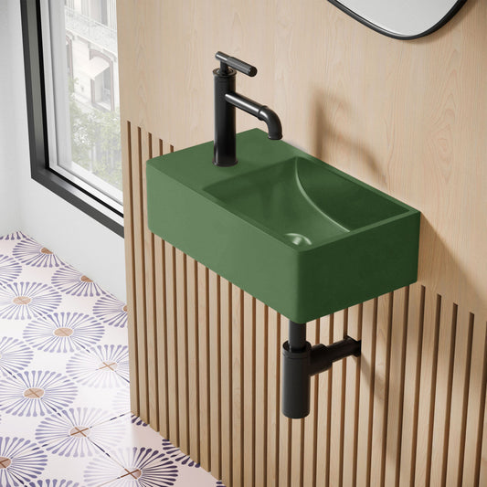 Lisse 16" Concrete Rectangle Wall-Mounted Sink with Left Side Faucet Mount in Matte Royal Green
