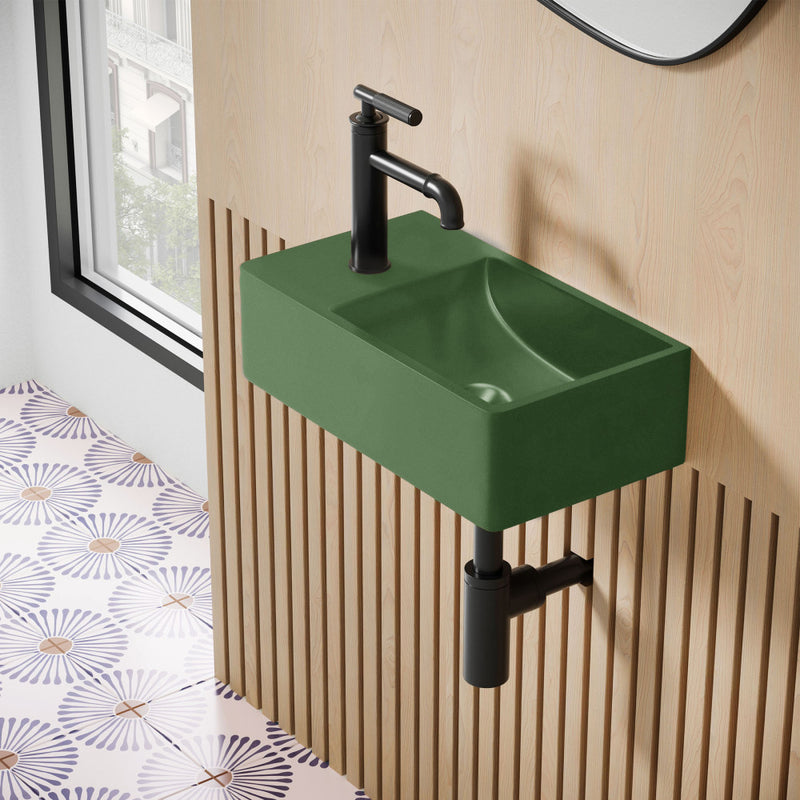 Lisse 16" Concrete Rectangle Wall-Mounted Sink with Left Side Faucet Mount in Matte Royal Green