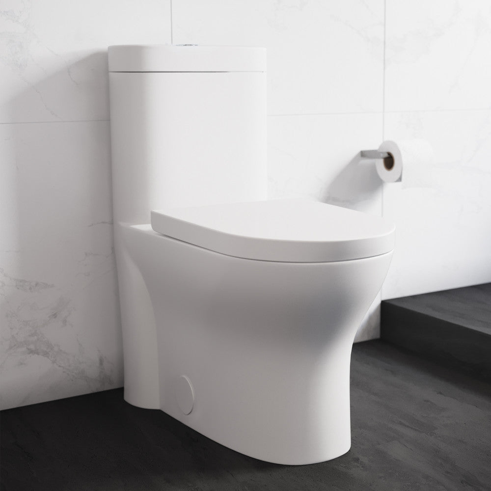 Elongated one-piece toilet with dual-flush, smooth skirted trapway, modern white ceramic design.