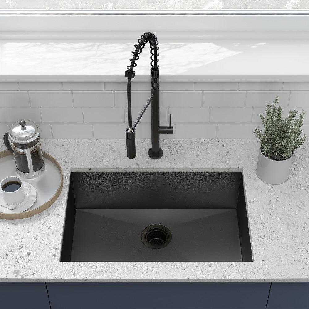 26x18 black stainless steel undermount kitchen sink, single basin, modern rectangular design.
