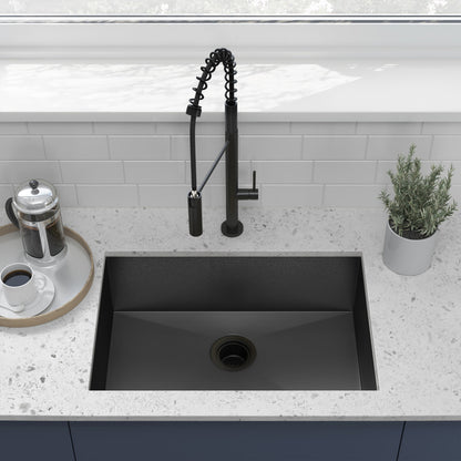 26x18 black stainless steel undermount kitchen sink, single basin, modern rectangular design.