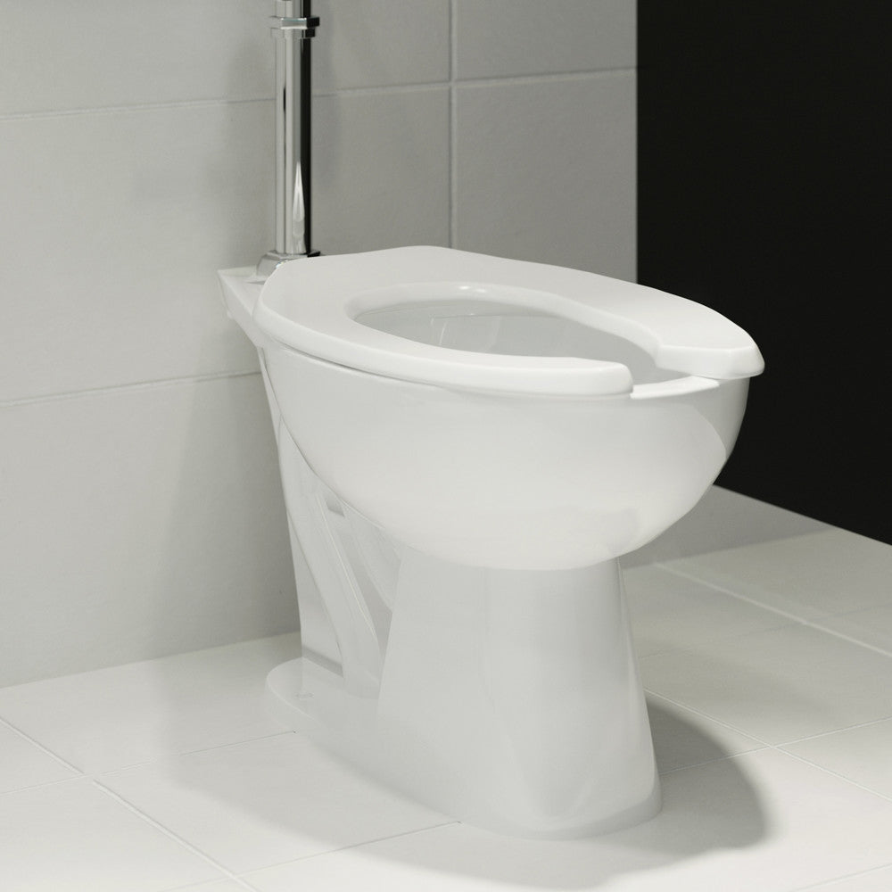 Elongated floor-mounted commercial toilet bowl with top flush spud flushometer, white ceramic.