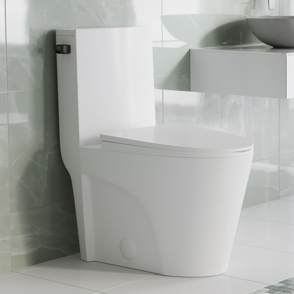 Elongated one-piece toilet with side flush and black hardware, sleek white ceramic finish.