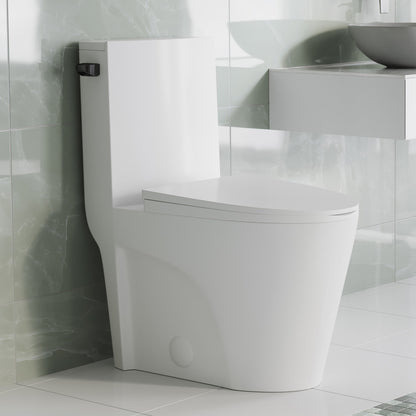 Elongated one-piece toilet with side flush and black hardware, sleek white ceramic finish.