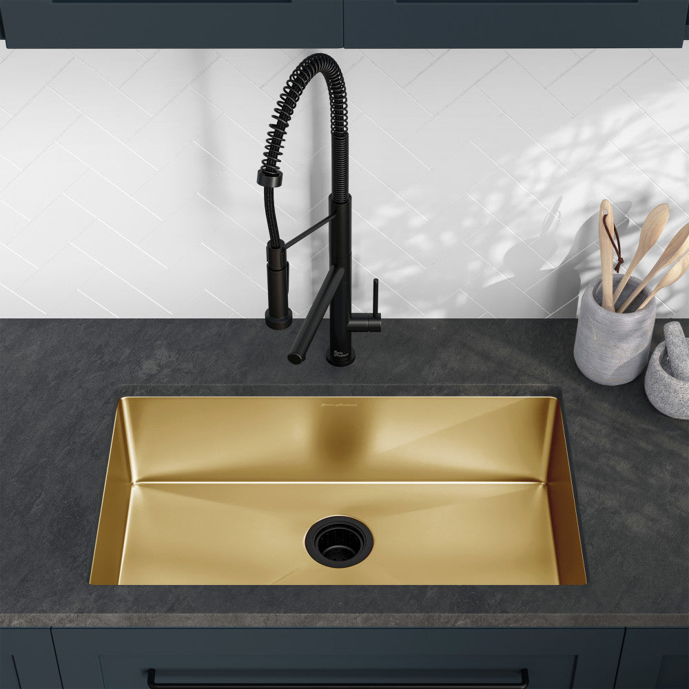 30 x 18 gold stainless steel undermount single basin kitchen sink with centered drain.