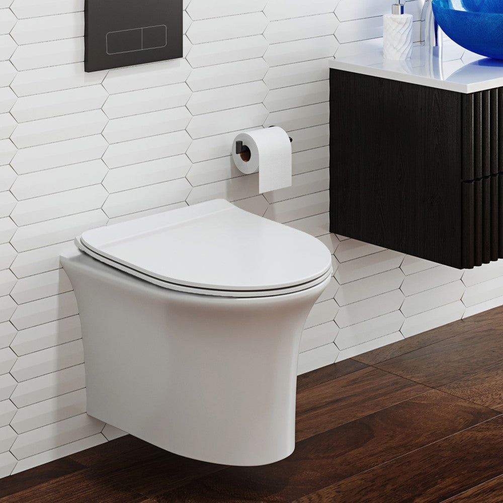 Wall-hung elongated toilet bowl with soft-close seat in modern bathroom setting.