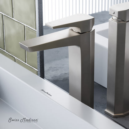 Single-handle high arc bathroom faucet in brushed nickel with sleek modern design.