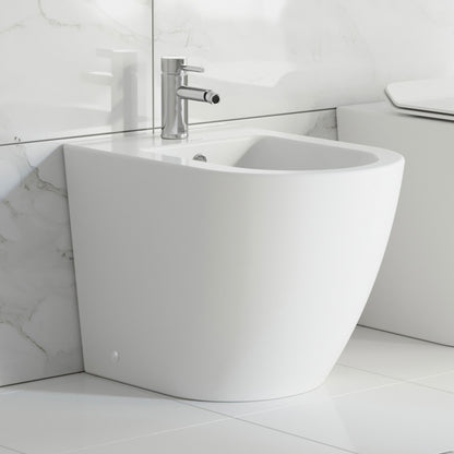 Floor-mount classic bidet in glossy white with single-hole faucet mount and rounded edges.