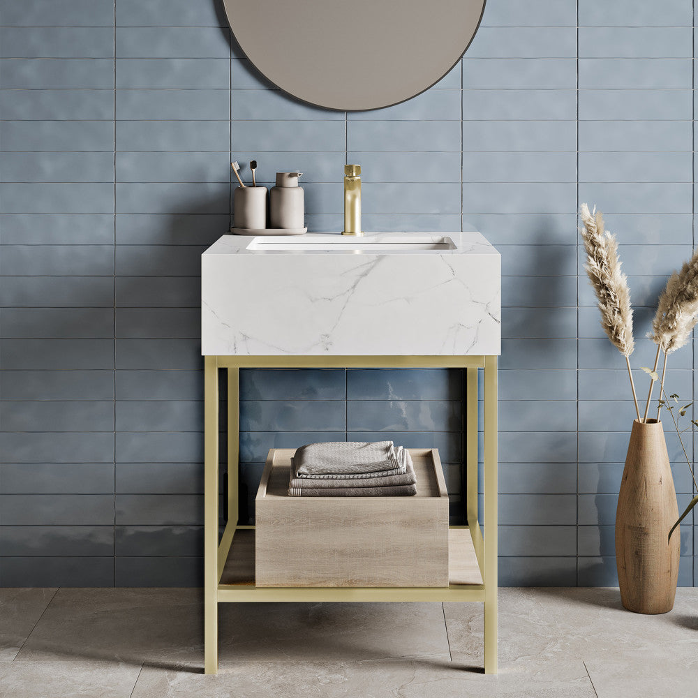 24-inch freestanding bathroom vanity with open shelf, natural oak frame, and white marble sink top.