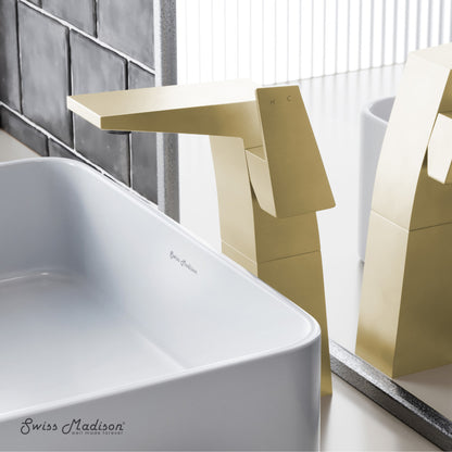 Single-handle high arc bathroom faucet in brushed gold, modern square design.