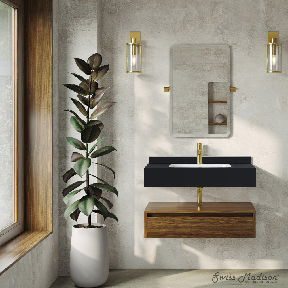 Avancer 36" Wall-Mounted Bathroom Vanity in Brown Oak with Black Marble Sink Top