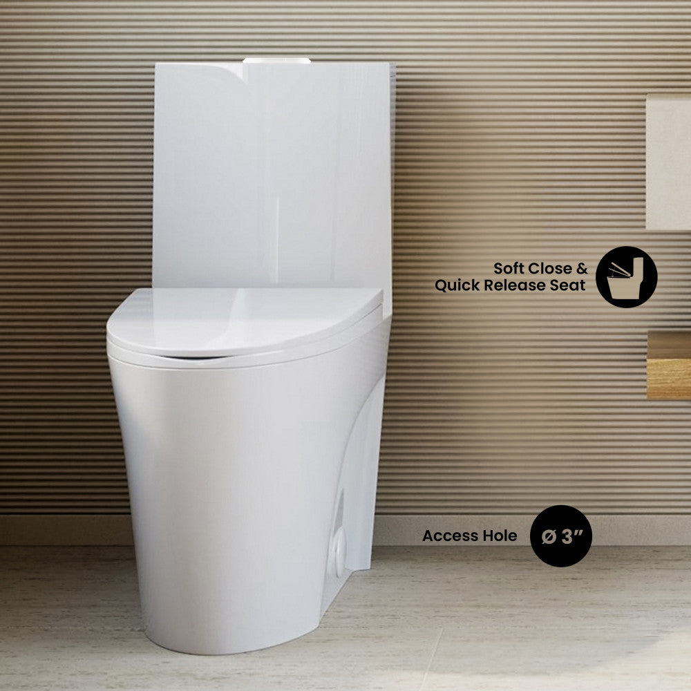 Elongated one-piece toilet in white, comfort height, soft-close quick release seat, access hole.