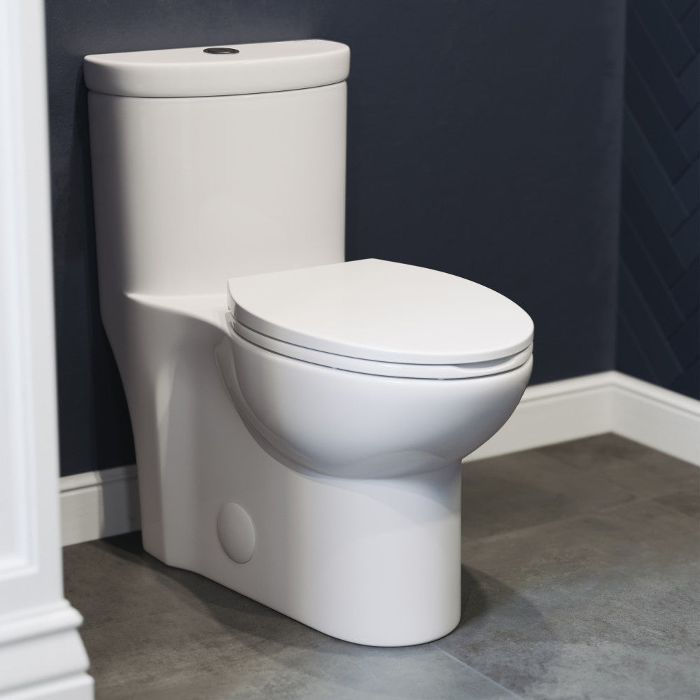Elongated one-piece toilet in white with dual-flush and compact design, soft-close seat.