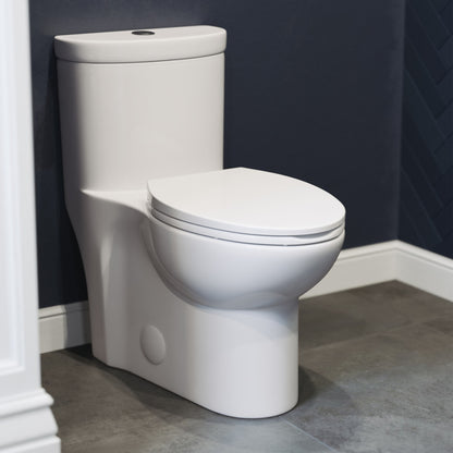 Elongated one-piece toilet in white with dual-flush and compact design, soft-close seat.