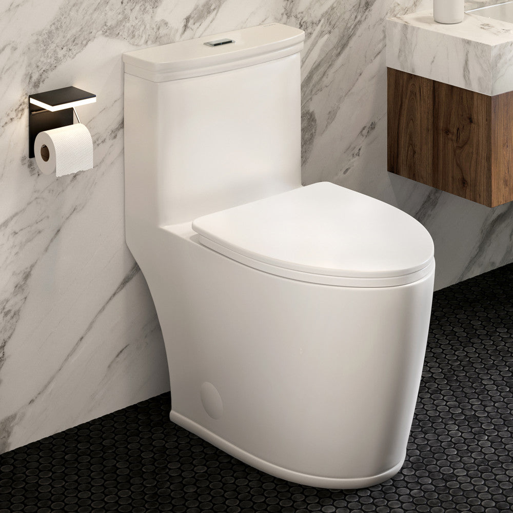 Elongated one-piece toilet with dual-flush in white, sleek modern design, soft-close seat.