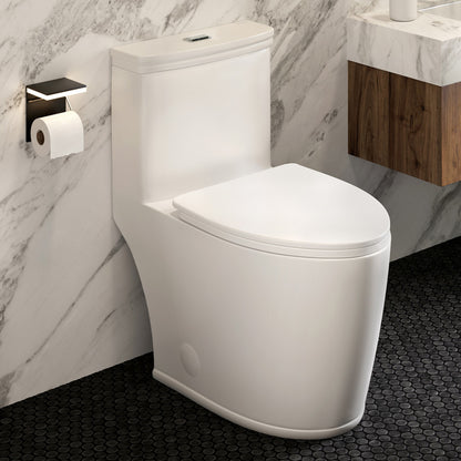 Elongated one-piece toilet with dual-flush in white, sleek modern design, soft-close seat.