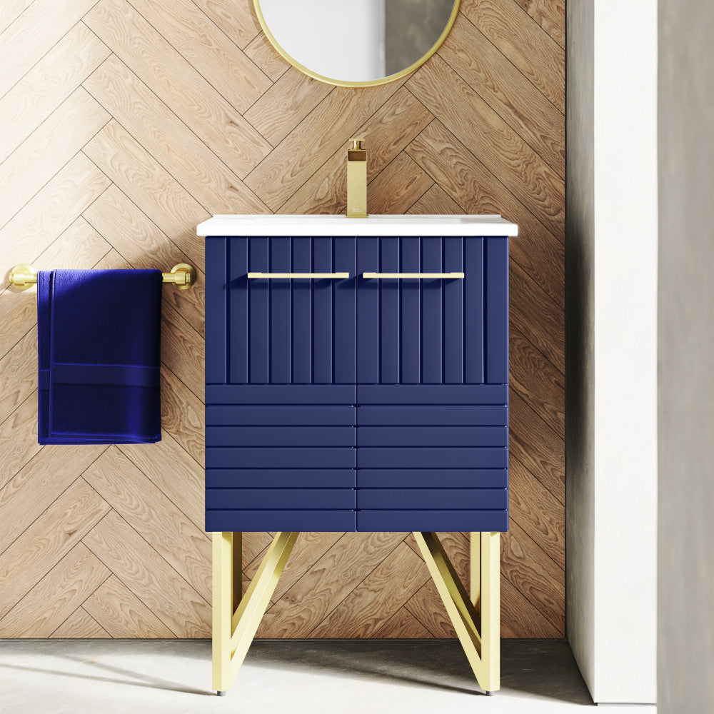 24-inch freestanding bathroom vanity in Granger Blue with sink top and two soft-close doors.