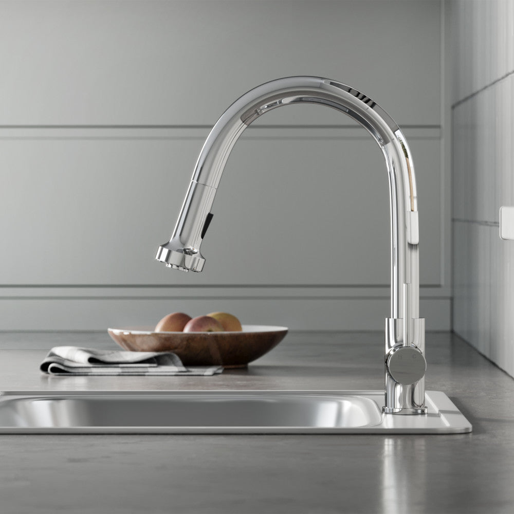 Single-handle pull-down kitchen faucet in chrome with high-arc spout and side lever handle.
