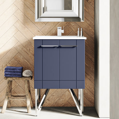 24-inch freestanding purple bathroom vanity with single sink and chrome handles.