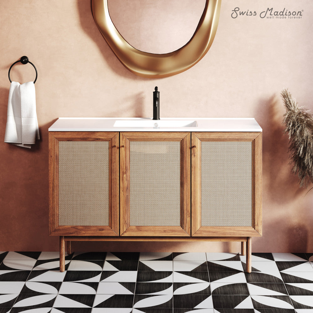 48-inch freestanding golden oak bathroom vanity with sink top and woven front cabinet doors.