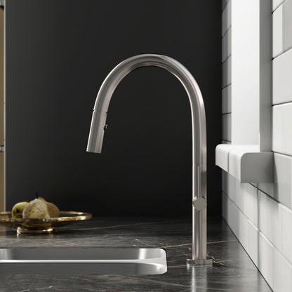 Single handle pull-down kitchen faucet in brushed nickel, high arc spout.