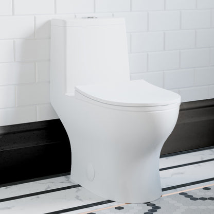 Elongated one-piece toilet with skirted trapway and soft-close seat, white ceramic.
