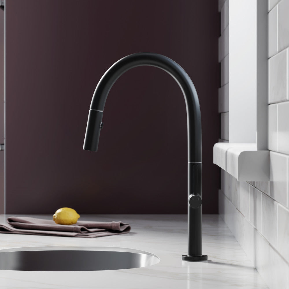 Pull-down kitchen faucet in matte black, single handle, high-arc spout with spray head.