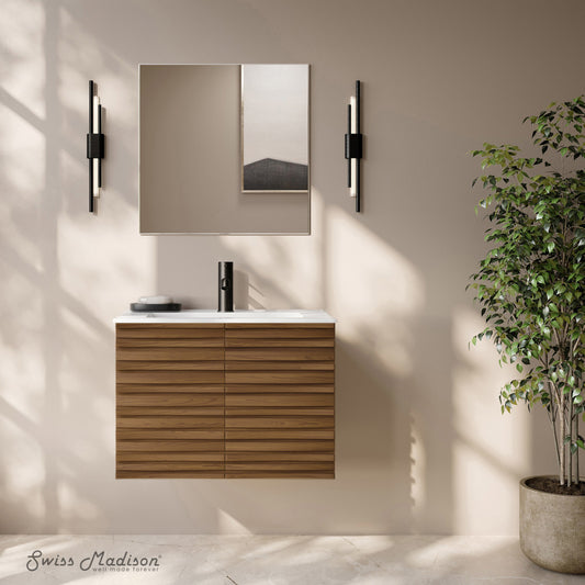 Cascade 30" Wall-Mounted Bathroom Vanity in Brown Oak with Sink Top