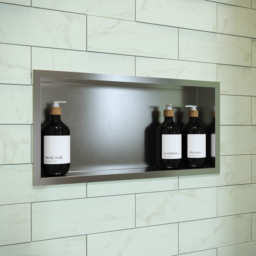 12" x 24" stainless steel shower niche in matte chrome with single shelf and recessed design.