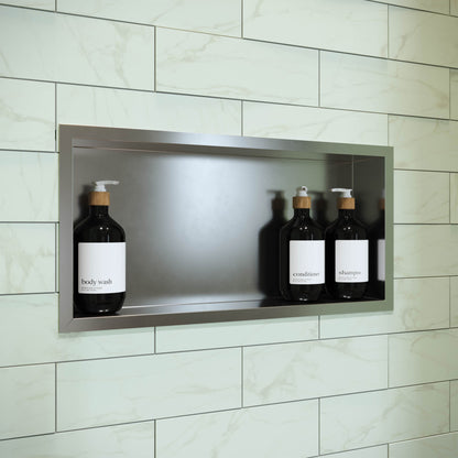 12" x 24" stainless steel shower niche in matte chrome with single shelf and recessed design.