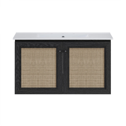 Classe 36" Wall-Mounted Bathroom Vanity in Black Oak with Widespread Faucet Holes Vanity Top