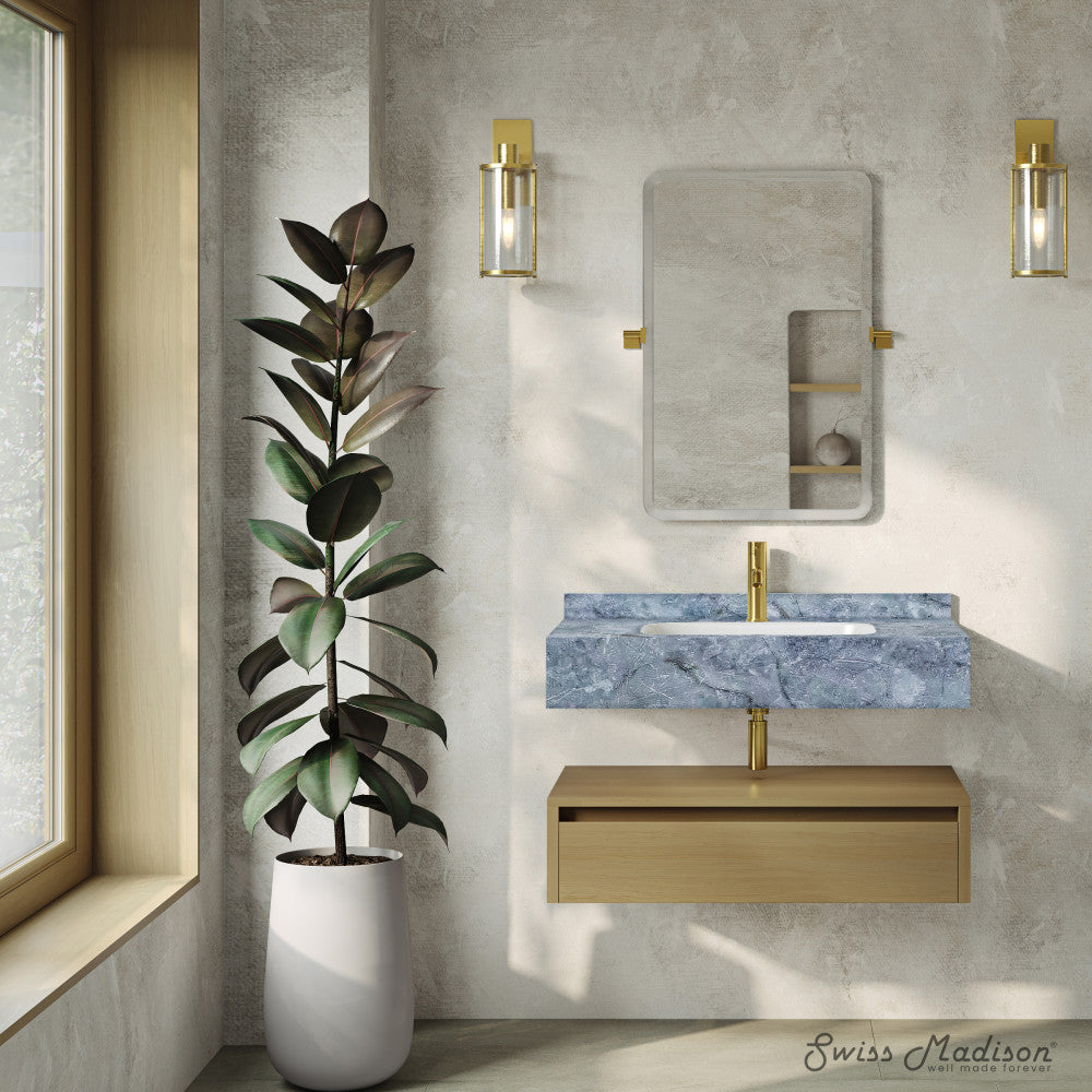 Avancer 36" Wall-Mounted Bathroom Vanity in Natural Oak with Blue Celeste Sink Top