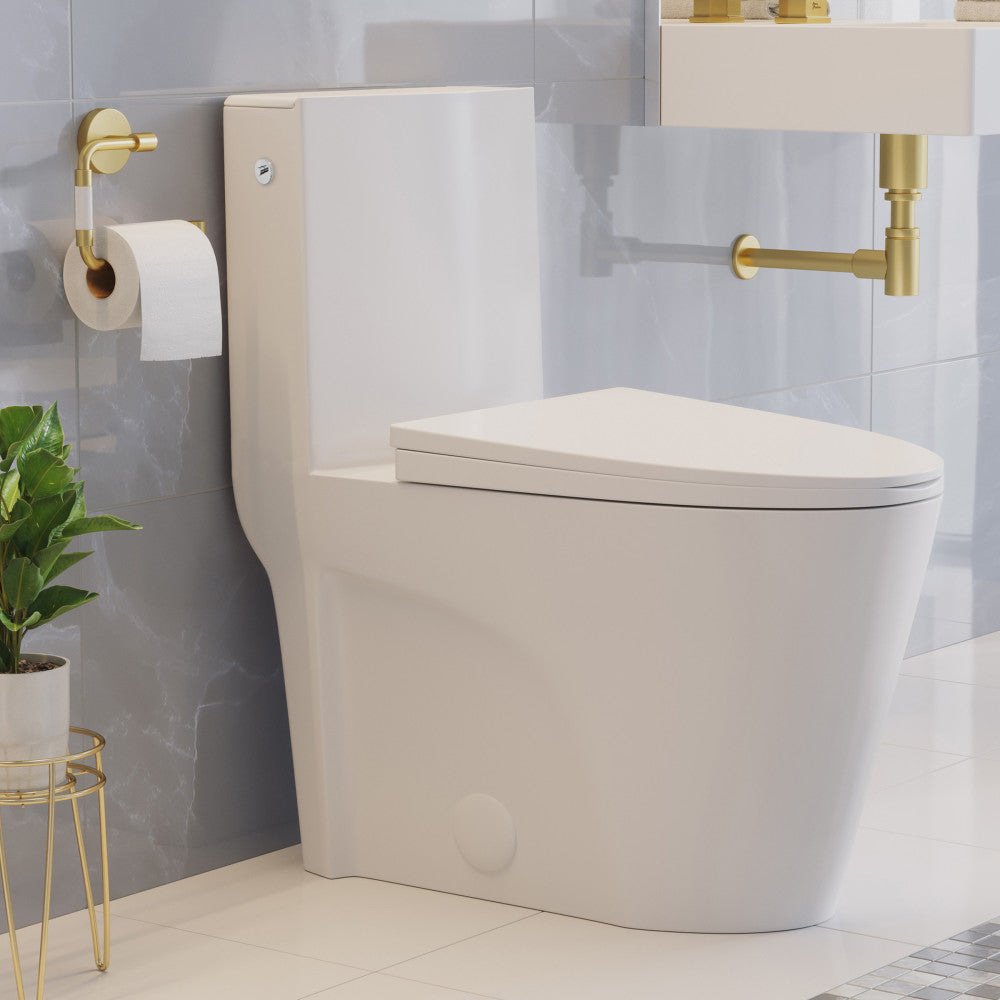 Elongated one-piece toilet with touchless flush, soft-close seat, and sleek skirted trapway design.