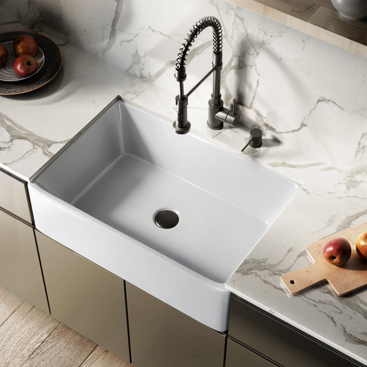 Elegance 30" x 20" Single Basin Fireclay Farmhouse Kitchen Sink in Glossy White with Stainless Steel Grid