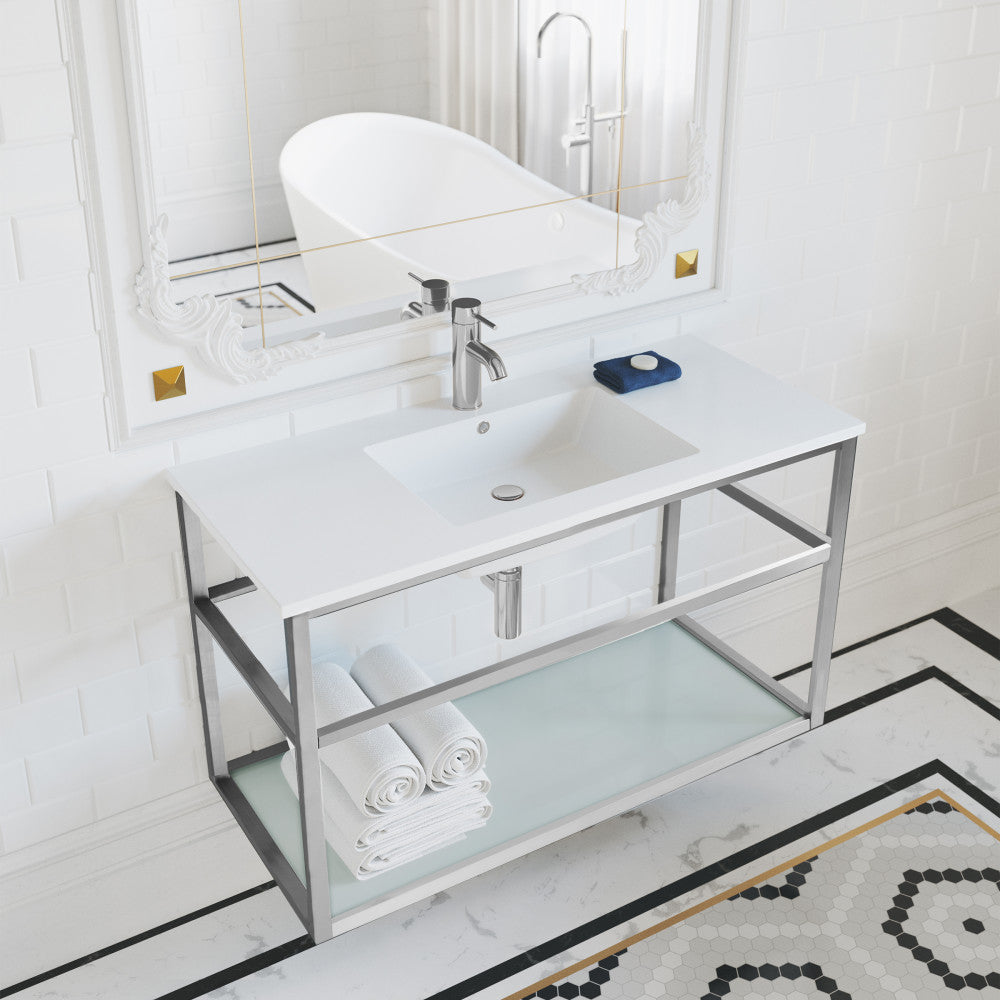 36-inch wall-mounted bathroom vanity with open shelf and chrome frame, integrated white sink top.