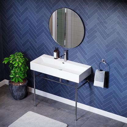 40-inch white ceramic console sink with chrome legs and single faucet hole.