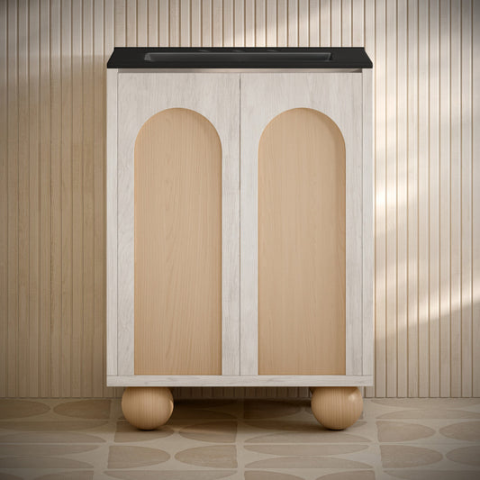 Plaisir II 24" Freestanding Bathroom Vanity in White Oak with Black 3-Hole Widespread Sink Top