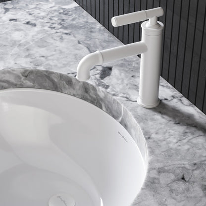 Single-handle bathroom faucet in matte white with sleek cylindrical design on marble countertop.
