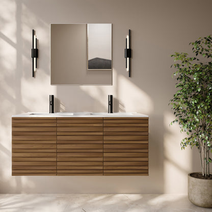 Cascade 48" Wall-Mounted Bathroom Vanity in Brown Oak with Double Basin Sink Top