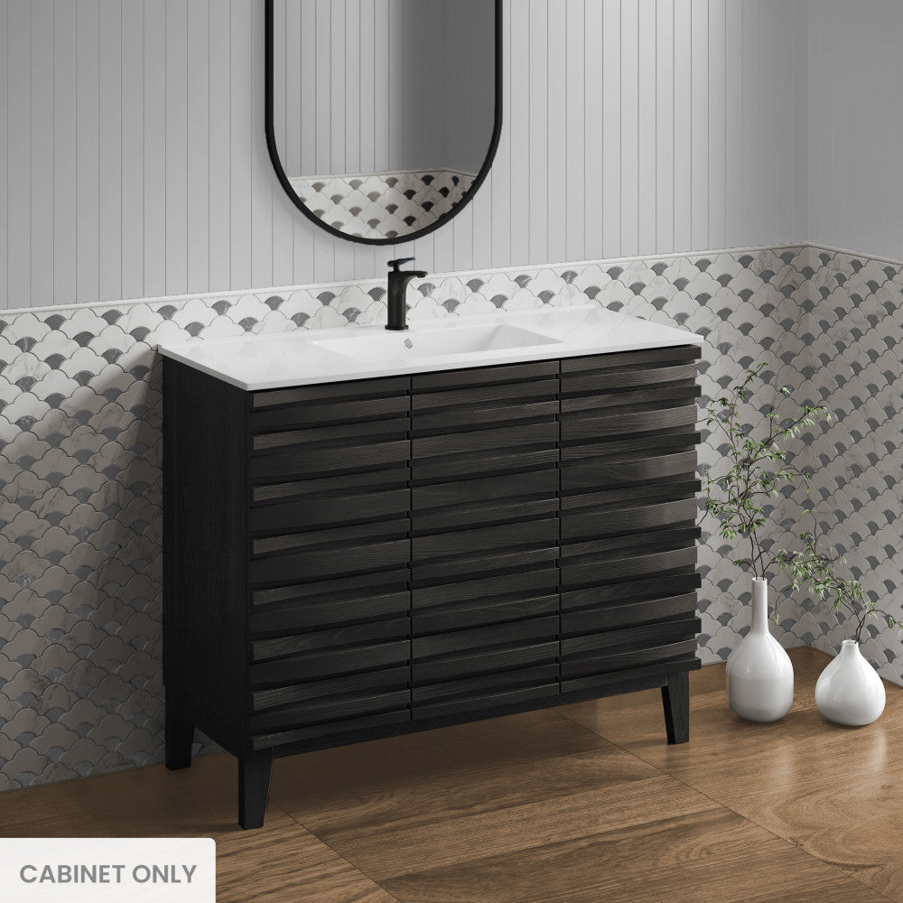 36-inch freestanding bathroom vanity, black cabinet only, soft-close doors, modern slatted design.