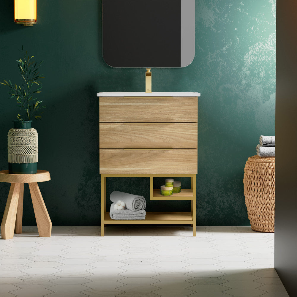 Carre 24" Freestanding Bathroom Vanity in Golden Oak with Sink Top