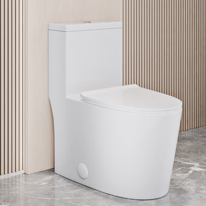 Elongated one-piece toilet with skirted trapway and sleek modern design in white finish.