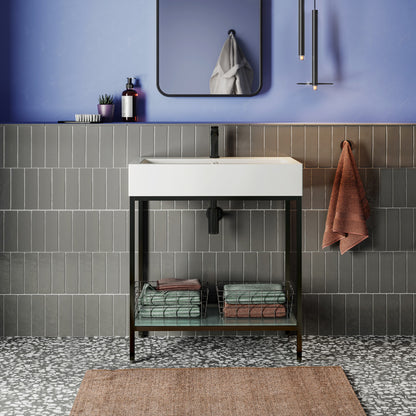 32-inch freestanding bathroom vanity with black metal frame open shelf and white rectangular sink top.