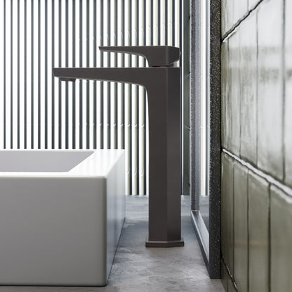 Single-handle high arc bathroom faucet in gunmetal gray, Voltaire collection.