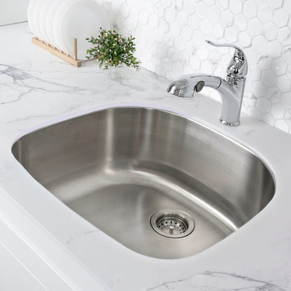 23 5/8 x 21 inch single basin undermount kitchen sink in brushed stainless steel.